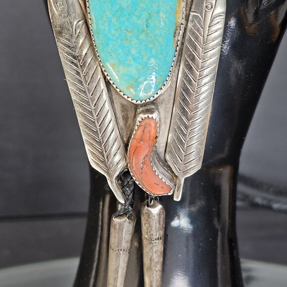 Navajo Turquoise And Coral Sterling Silver Bolo Tie Signed. USA Native American - Picture 5 of 15